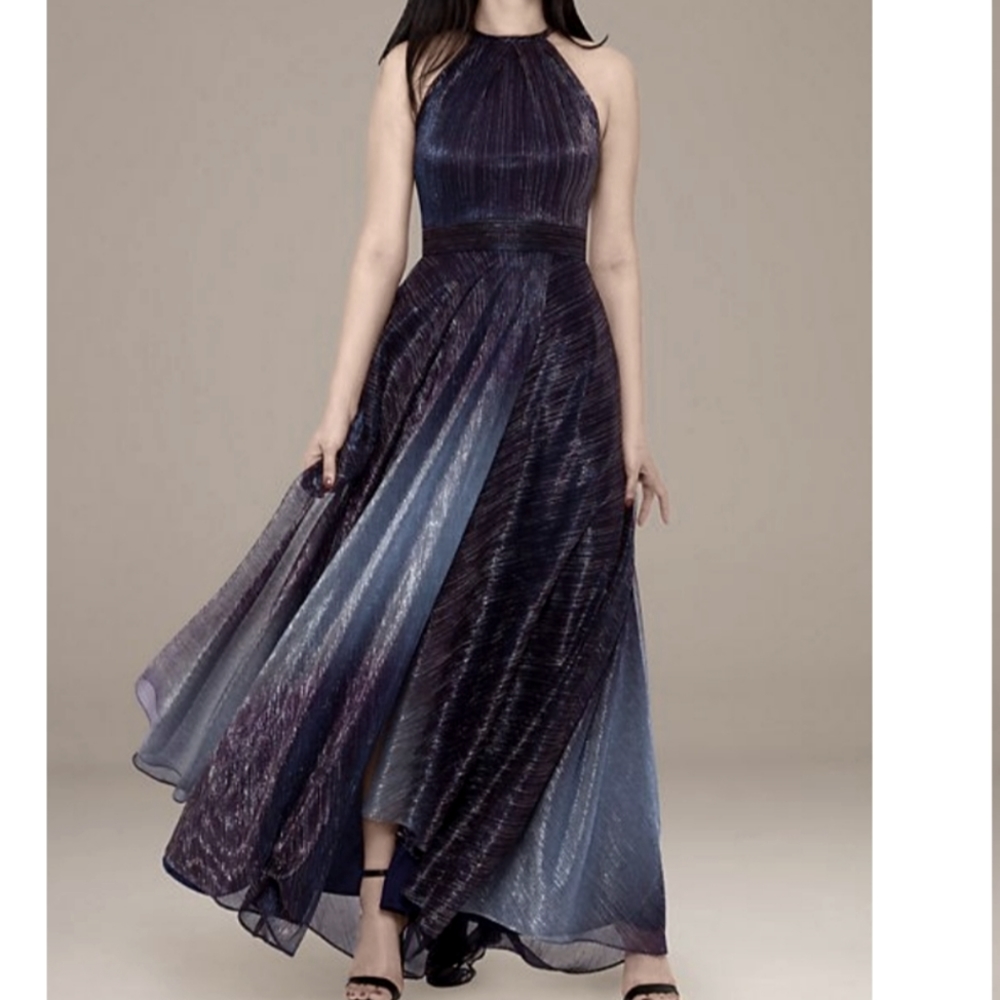 Betsy & Adam Iridescent ombré Navy Halter Evening Gown